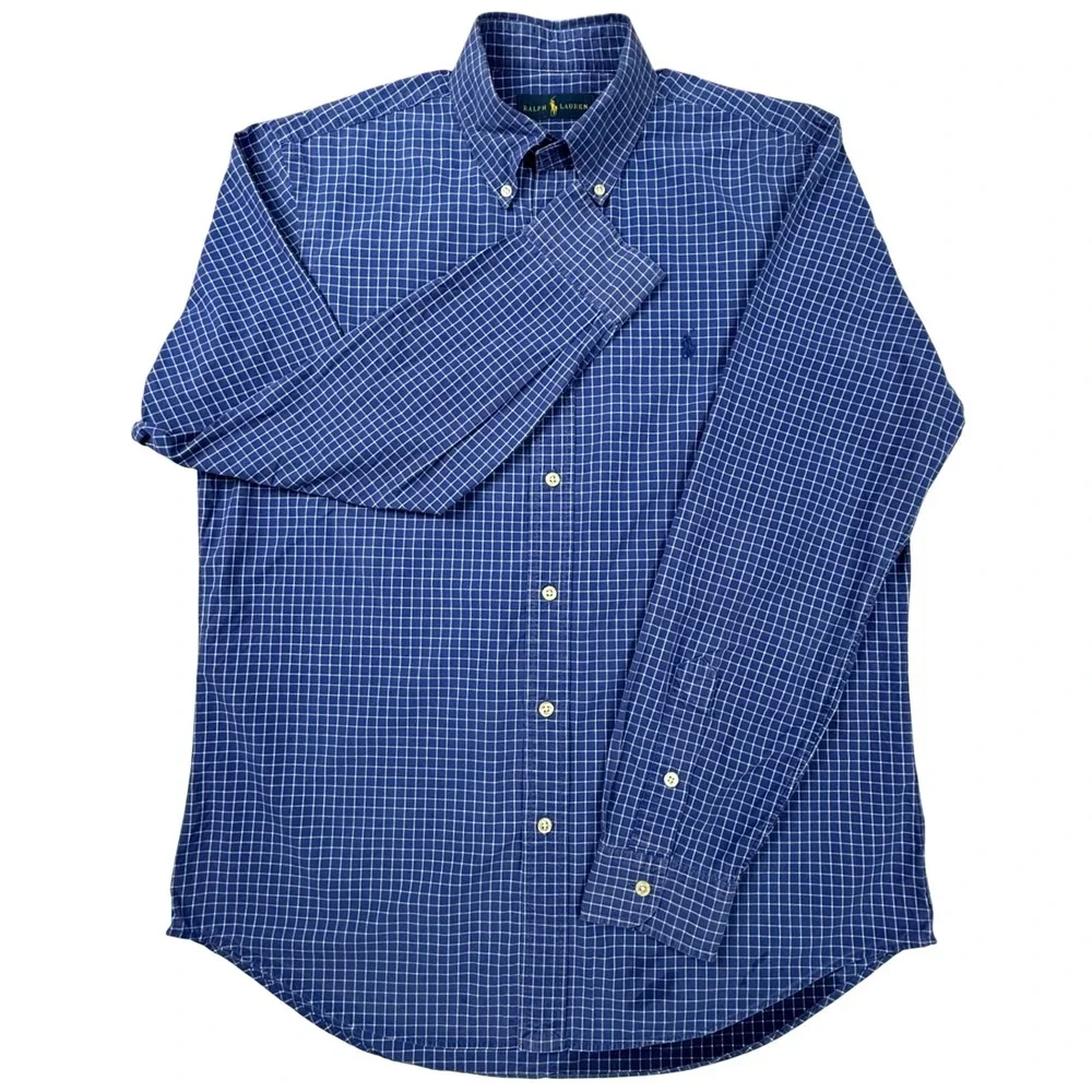 Ralph Lauren Mens Blue White Grid Button Down Shirt Long Sleeve Size Medium